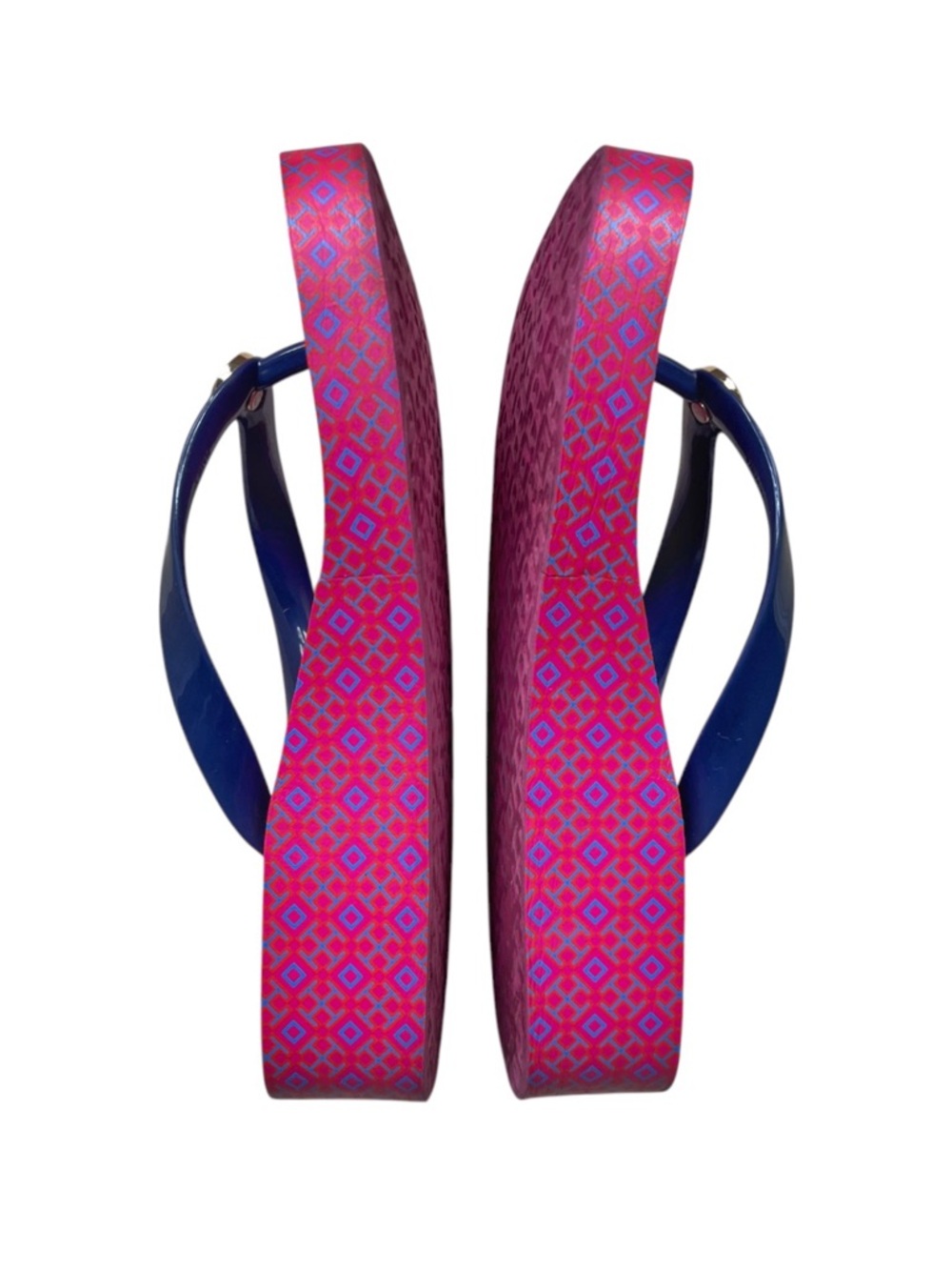 Tory Burch Thandie Wedge Flip Flop in Pink/Navy Blue Lattice Print, sz 6 - Picture 7 of 12